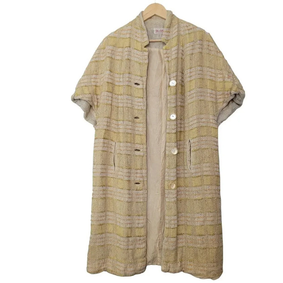 Vintage Mr. Jules California Womens 1960s Cape Coat L Yellow Embroidered Tweed - Picture 1 of 8